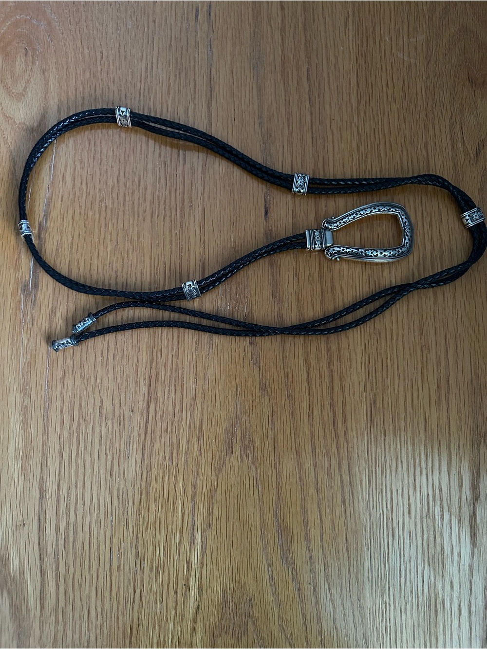 Brighton Black Braided Leather Bolo Tie with Silver-Tone Accents - Picture 2 of 5